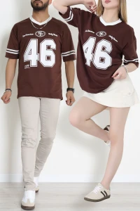 V Yaka Oversize 2 İplik Forma Tişört Kahve - 88101.1878.