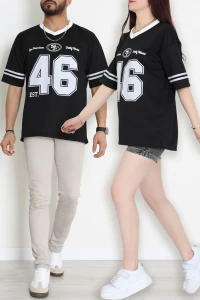 V Yaka Oversize 2 İplik Forma Tişört Siyah - 88101.1878.