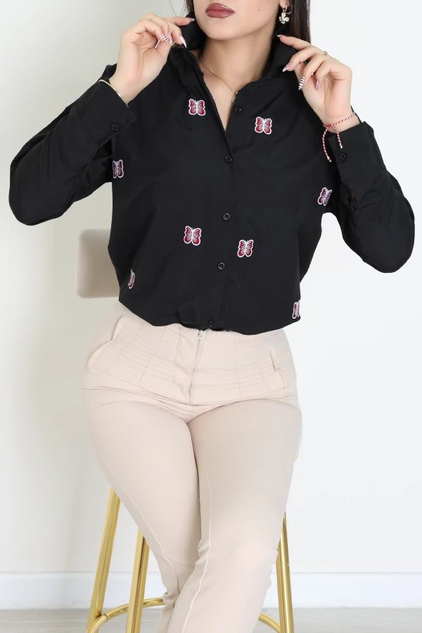 Nakış Detaylı Terıkoton Gömlek Siyah - 43961.2111.