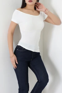 Kayık Yaka Ribana Viskon Bluz Ekru - 71159.1748.
