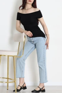 Kayık Yaka Ribana Viskon Bluz Siyah - 71159.1748.