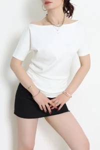 Örme Modal Drapeli Bluz Ekru - 71174.2023.