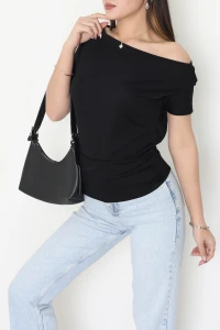 Örme Modal Drapeli Bluz Siyah - 71174.2023.