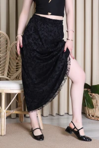 Flok Baskılı Uzun Tül Etek Siyah - 71224.2113.