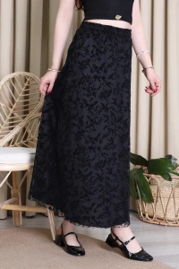 Flok Baskılı Uzun Tül Etek Siyah - 71224.2113.