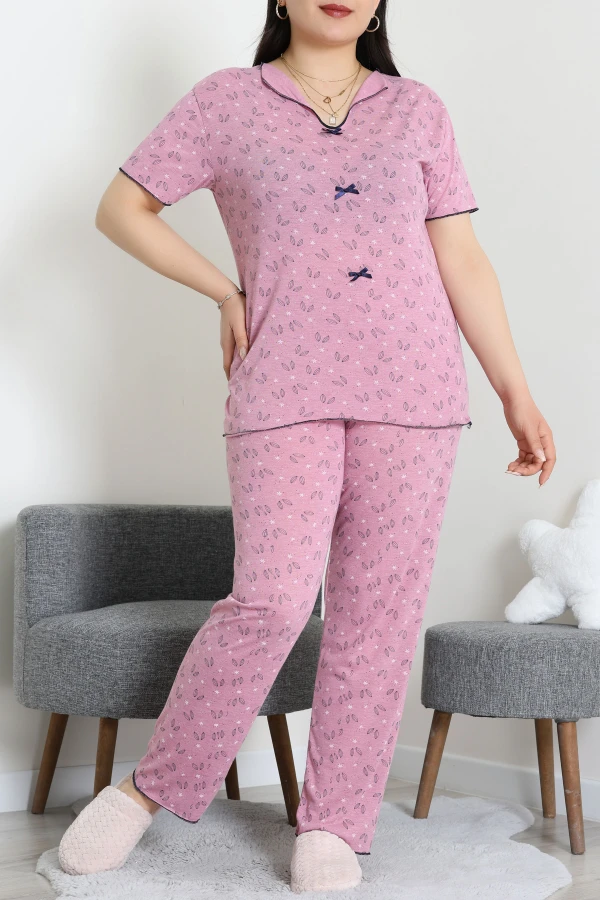 Büyük Beden Puantiyeli Viskon Pijama Takımı Gülkurusu - 71238.1048.