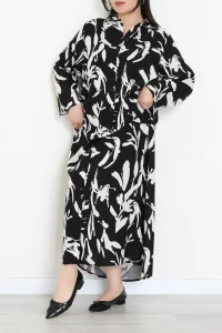 Büyük Beden Önden Düğmeli Desenli Viskon Elbise Siyahekru - 71330.1990.