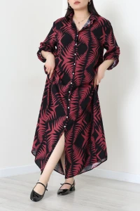 Büyük Beden Önden Düğmeli Desenli Viskon Elbise Bordosiyah - 71330.1990.