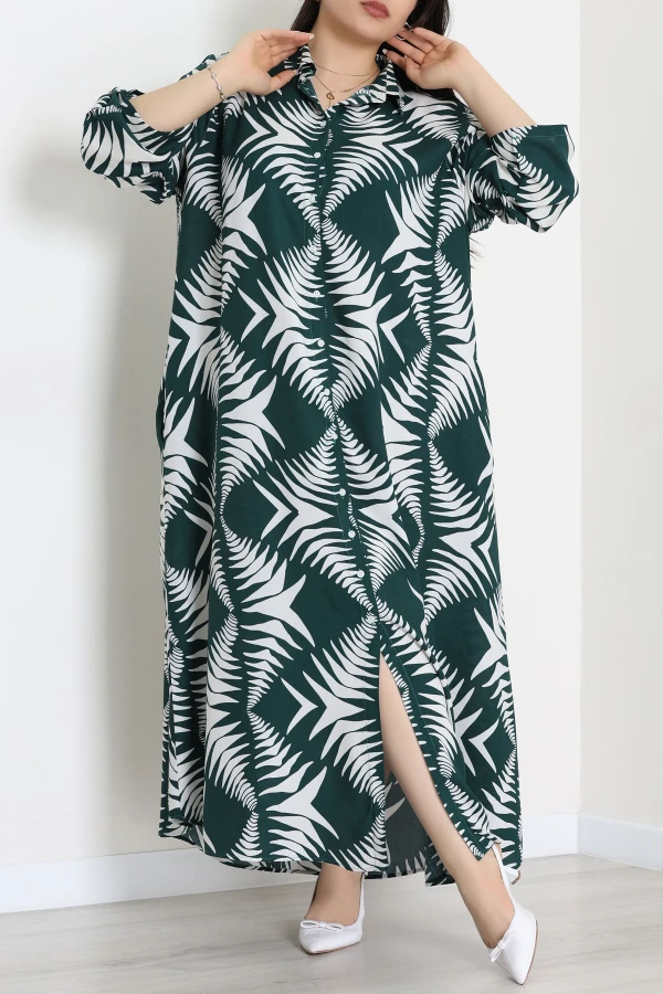 Büyük Beden Önden Düğmeli Desenli Viskon Elbise Zümrüt - 71330.1990.