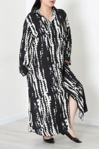 Büyük Beden Önden Düğmeli Desenli Viskon Elbise Siyahbej - 71330.1990.