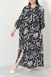 Büyük Beden Önden Düğmeli Desenli Viskon Elbise Kömürbeyaz - 71330.1990.