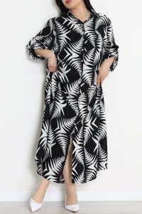 Büyük Beden Önden Düğmeli Desenli Viskon Elbise Black - 71330.1990.