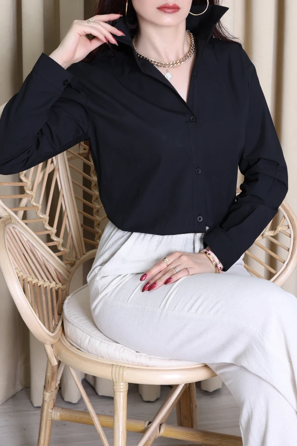 Oversize Poplin Kadın Gömlek Siyah - 80245.2118.