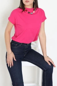 Dik Yaka Kısa Kol Pamuklu Kısa Tişört Fuşya - 19588.200.