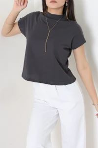 Dik Yaka Kısa Kol Pamuklu Kısa Tişört Füme - 19588.200.