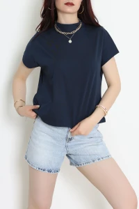Dik Yaka Kısa Kol Pamuklu Kısa Tişört Lacivert - 19588.200.