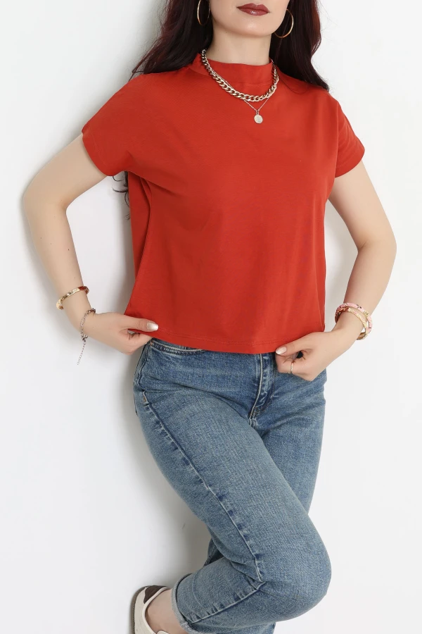 Dik Yaka Kısa Kol Pamuklu Kısa Tişört Kiremit - 19588.200.