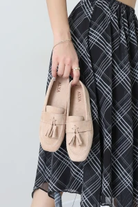 Püsküllü Süet Loafer Babet Bej - 32422.1846.