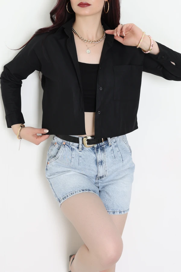 Cepli Crop Poplin Gömlek Siyah - 43951.2131.