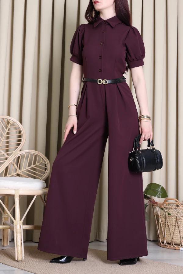 Dabıl Pileli Gömlek Yaka Tulum Mürdüm - 4567.134.