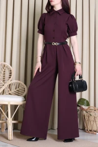 Dabıl Pileli Gömlek Yaka Tulum Mürdüm - 4567.134.