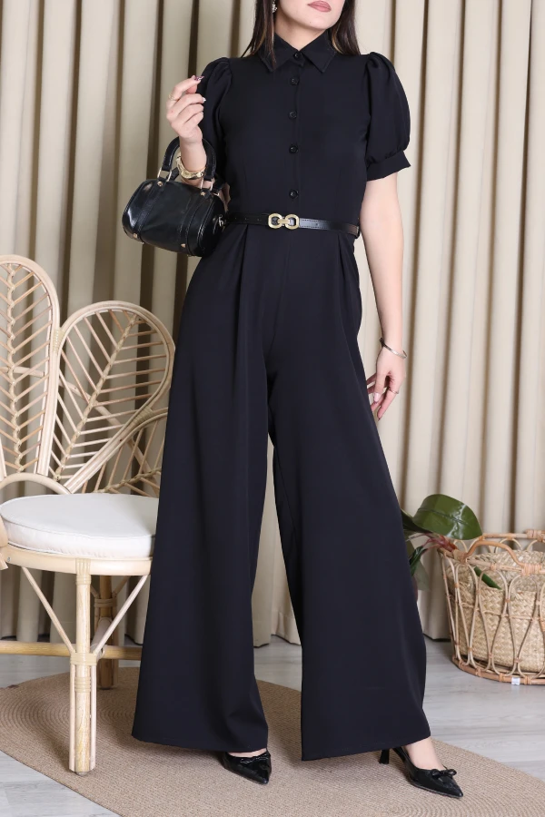 Dabıl Pileli Gömlek Yaka Tulum Siyah - 4567.134.