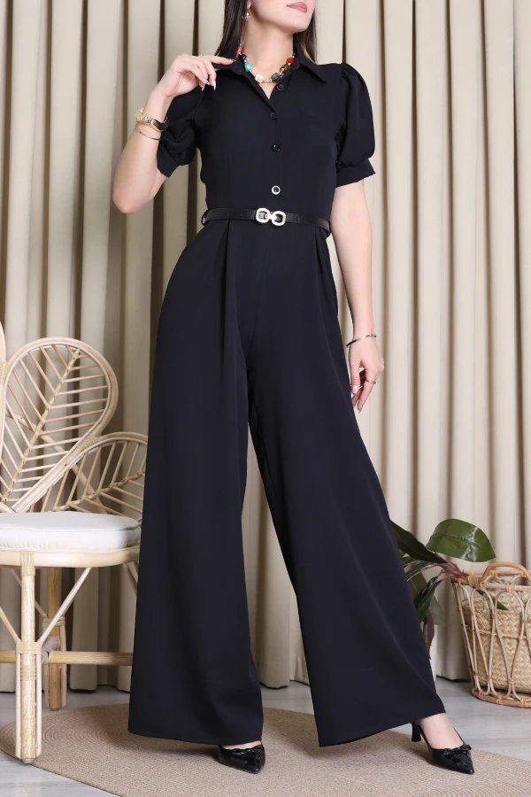 Dabıl Pileli Gömlek Yaka Tulum Siyah - 4567.134.