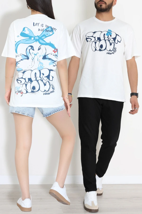 Kompak Penye Baskılı Unisex Oversize Tişört Beyazmavi - 55135.1872.