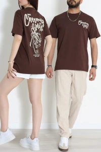 Kompak Penye Baskılı Unisex Oversize Tişört Acıkahve - 55135.1872.