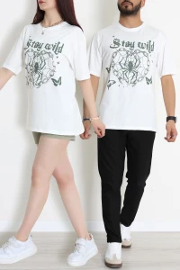 Kompak Penye Baskılı Unisex Oversize Tişört Beyazyeşil - 55135.1872.