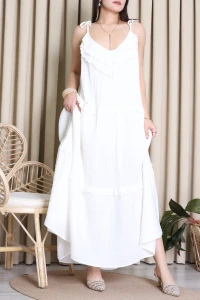 Uzun Fistolu Gofre Elbise Ekru - 6009.483.