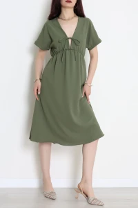 Bel Büzgülü Bağlama Detaylı Kısa Kol Ayrobin Elbise Haki - 71119.701.