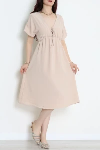 Bel Büzgülü Bağlama Detaylı Kısa Kol Ayrobin Elbise Bej - 71119.701.