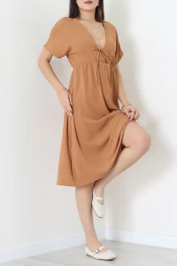 Bel Büzgülü Bağlama Detaylı Kısa Kol Ayrobin Elbise Camel - 71119.701.