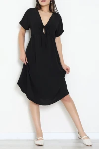 Bel Büzgülü Bağlama Detaylı Kısa Kol Ayrobin Elbise Siyah - 71119.701.