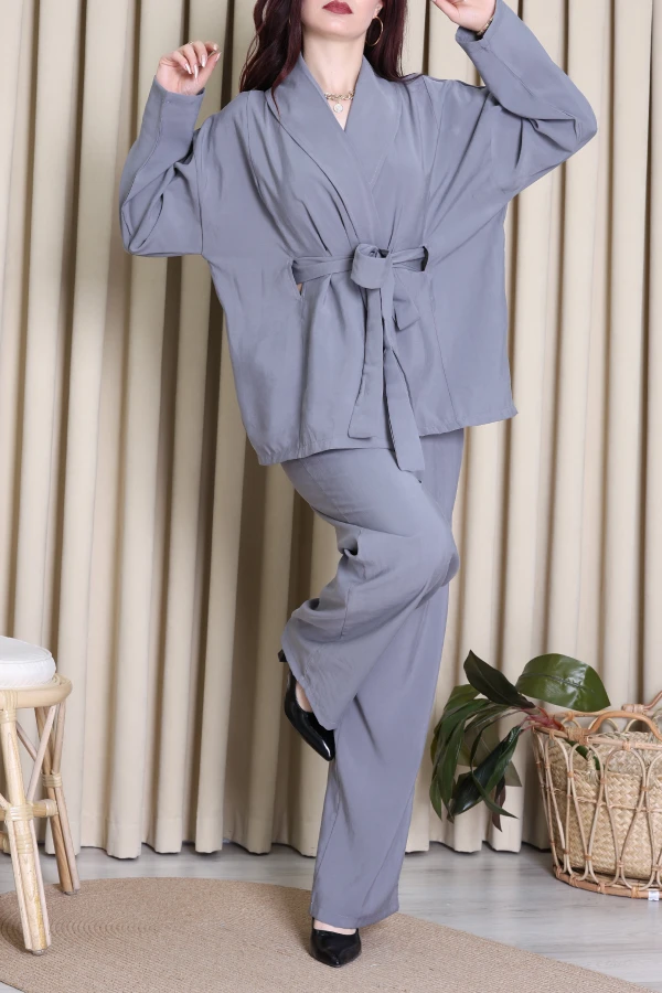 Tensel Bağlamalı Kimono Takım Gri - 7120.1254.