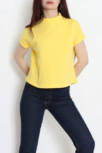 Dik Yaka Kısa Kol Pamuklu Kısa Tişört Sarı - 19588.200.