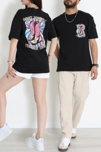 Kompak Penye Baskılı Unisex Oversize Tişört Siyahfuşya - 55135.1872.