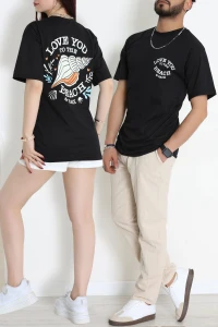 Kompak Penye Baskılı Unisex Oversize Tişört Siyahekru - 55135.1872.