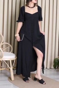 Maxi Boy Gofre Elbise Siyah - 6010.483.