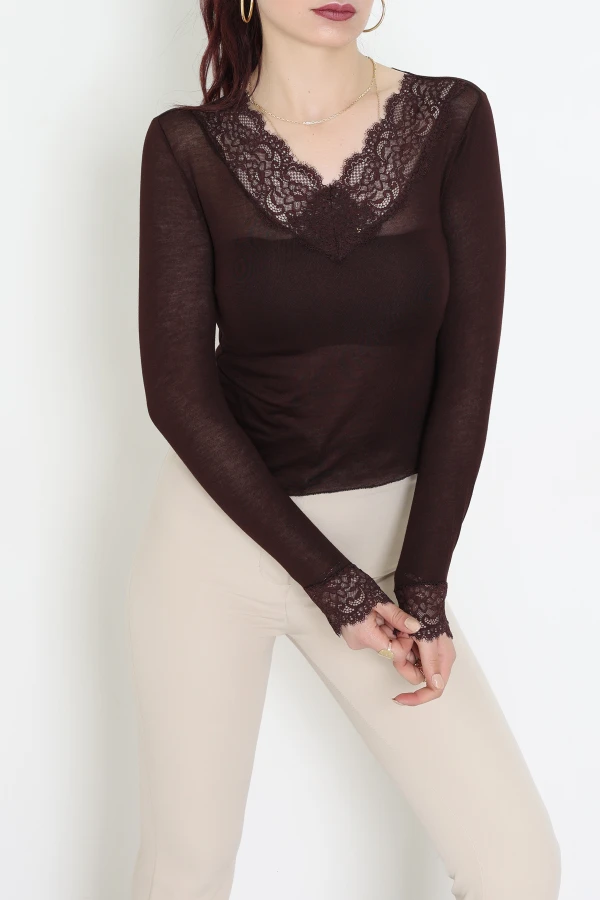 Kaşmir Transparan V Yaka Dantelli Bluz Kahve - 156.2153.