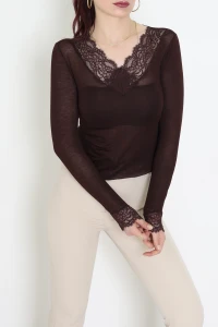 Kaşmir Transparan V Yaka Dantelli Bluz Kahve - 156.2153.