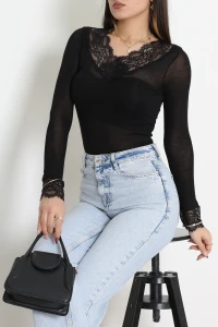 Kaşmir Transparan V Yaka Dantelli Bluz Siyah - 156.2153.