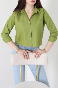 Cepli Crop Poplin Gömlek Haki - 43951.2131.
