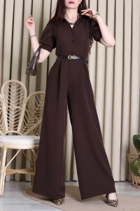 Dabıl Pileli Gömlek Yaka Tulum Kahve - 4567.134.