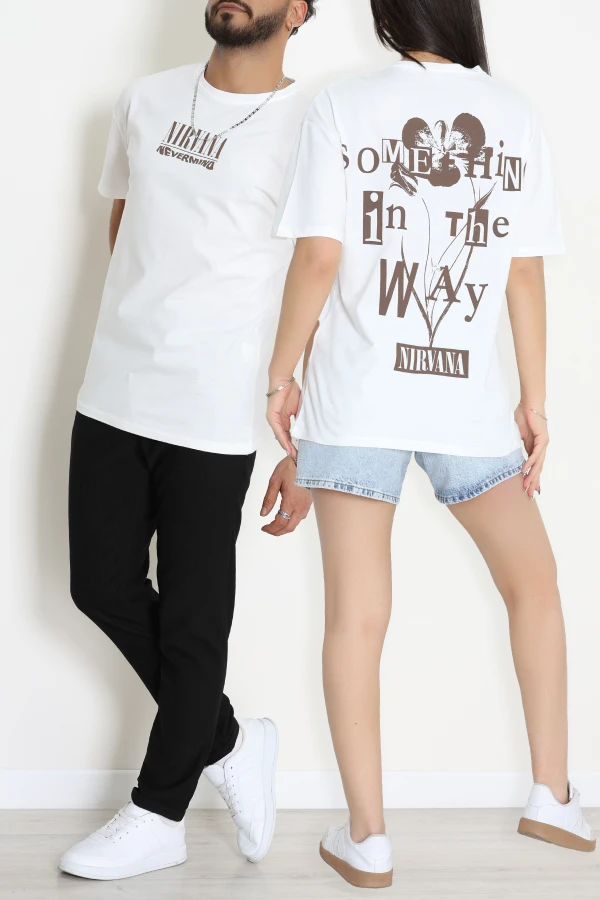 Kompak Penye Baskılı Unisex Oversize Tişört Beyazkahve - 55135.1872.