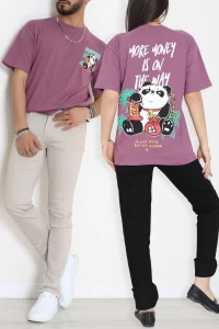 Kompak Penye Baskılı Unisex Oversize Tişört Mürdümsiyah - 55135.1872.