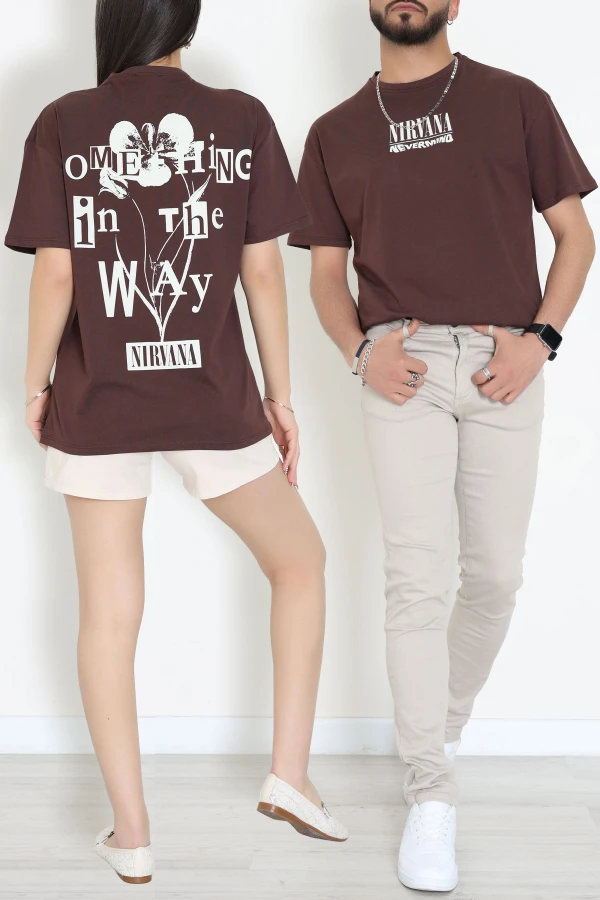 Kompak Penye Baskılı Unisex Oversize Tişört Kahveekru - 55135.1872.