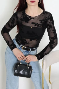 Flok Baskılı Tül Bluz Siyahçiçekli - 70957.1567.