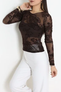 Flok Baskılı Tül Bluz Kahvedesenli - 70957.1567.